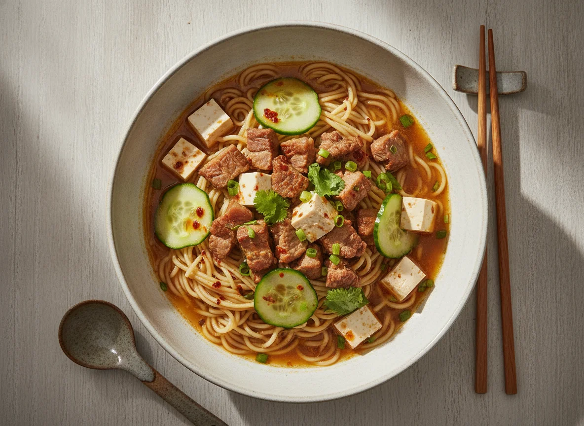Tigela de Macarrão com Carne de Porco, Tofu e Pepino photo