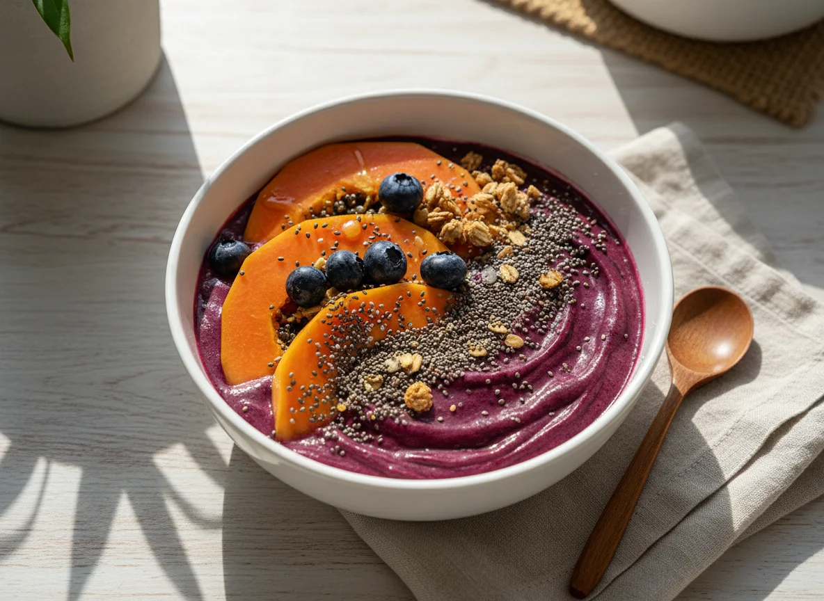 Tigela de mamão com chia e açaí photo