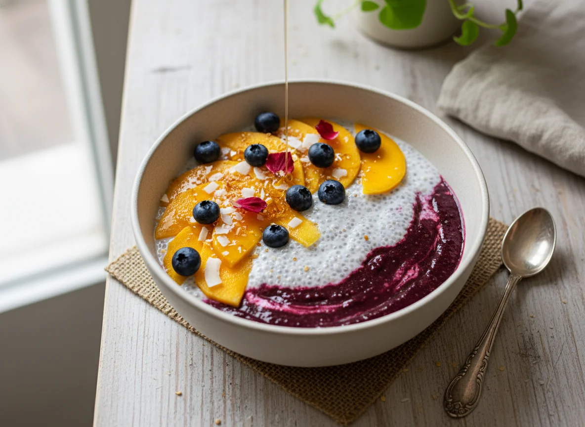 Tigela de manga com chia e açaí photo