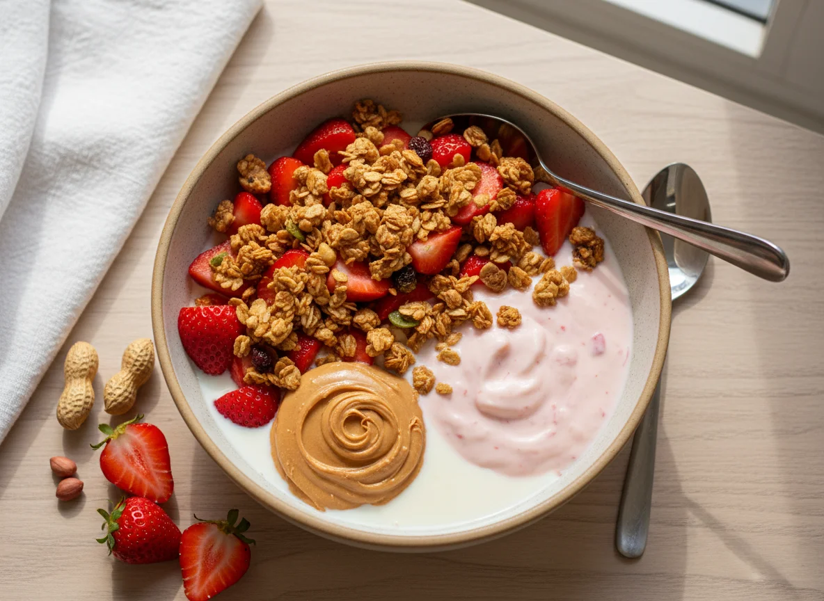 Tigela de Morango, Granola, Pasta de Amendoim e Laticínios photo