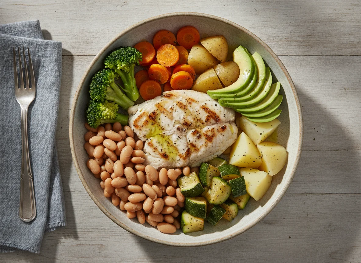 Tigela de Peixe Grelhado com Legumes e Feijão photo