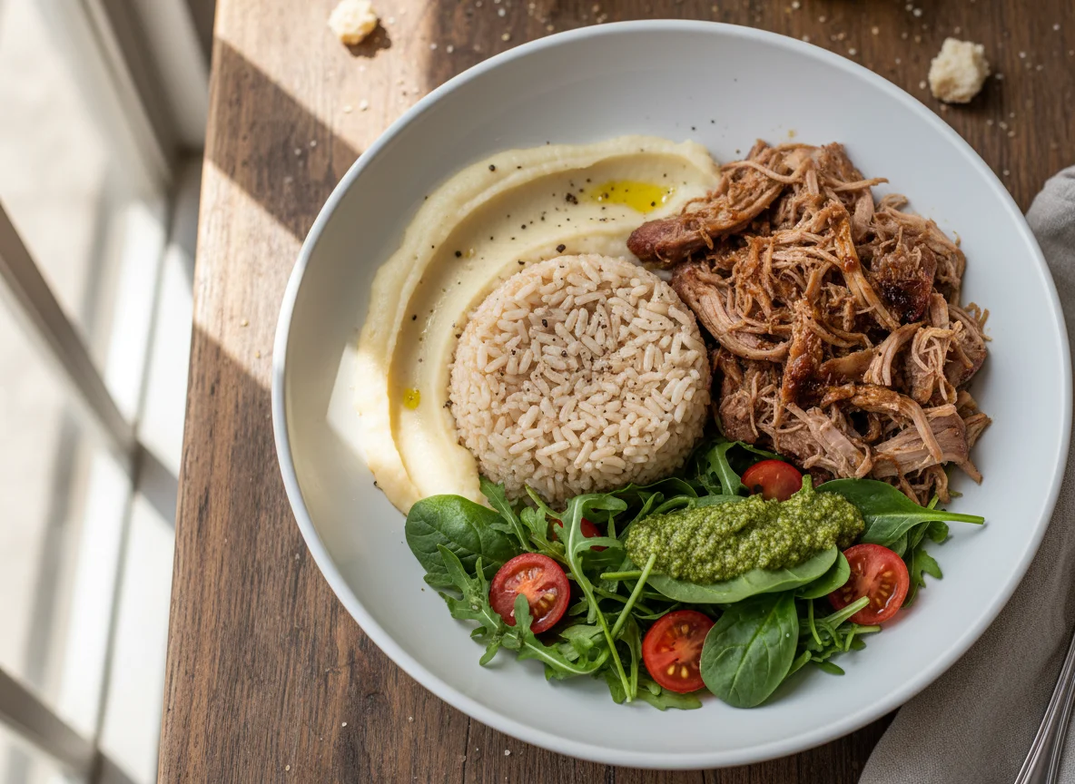 Tigela de Pernil com Arroz e Salada photo