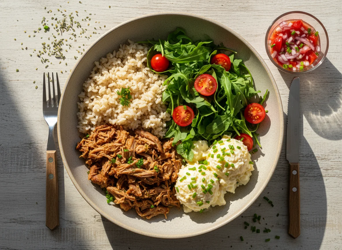 Tigela de pernil de porco com arroz e salada photo