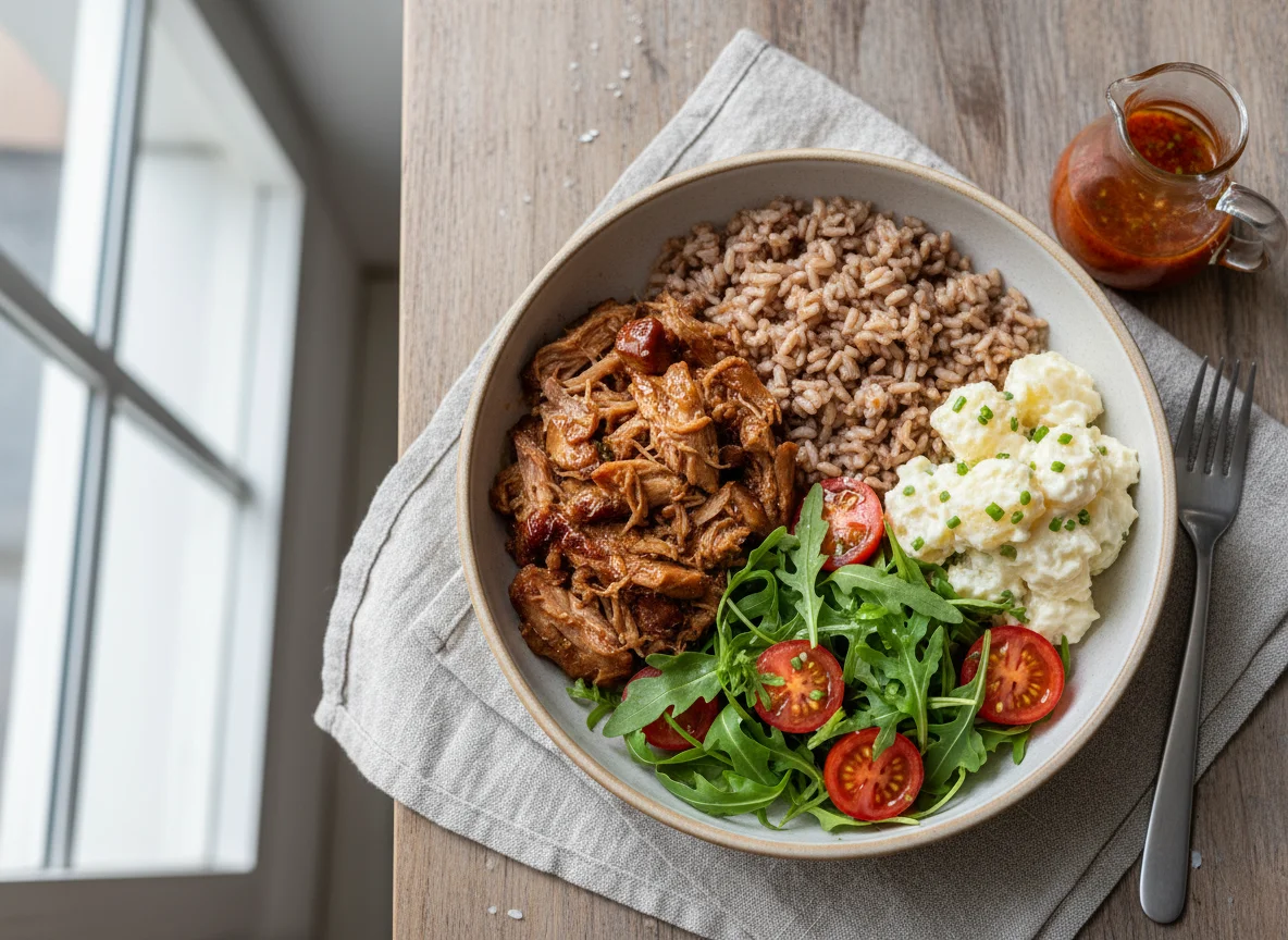 Tigela de Pernil de Porco com Arroz Integral e Saladas photo