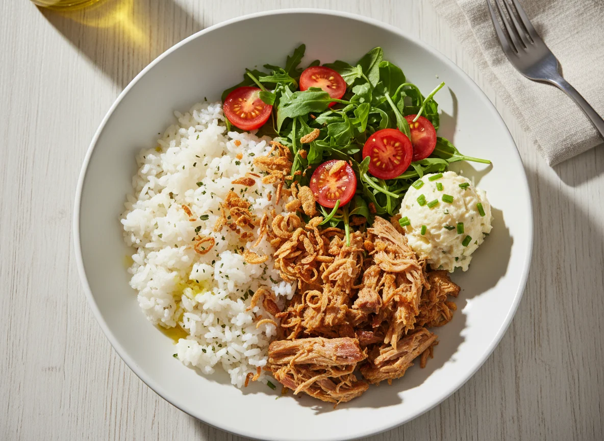 Tigela de Pernil Desfiado com Arroz e Salada photo