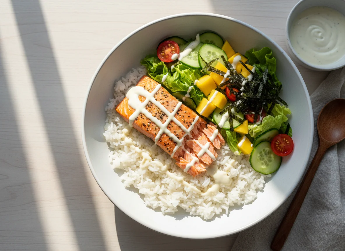 Tigela de salmão com arroz e salada photo