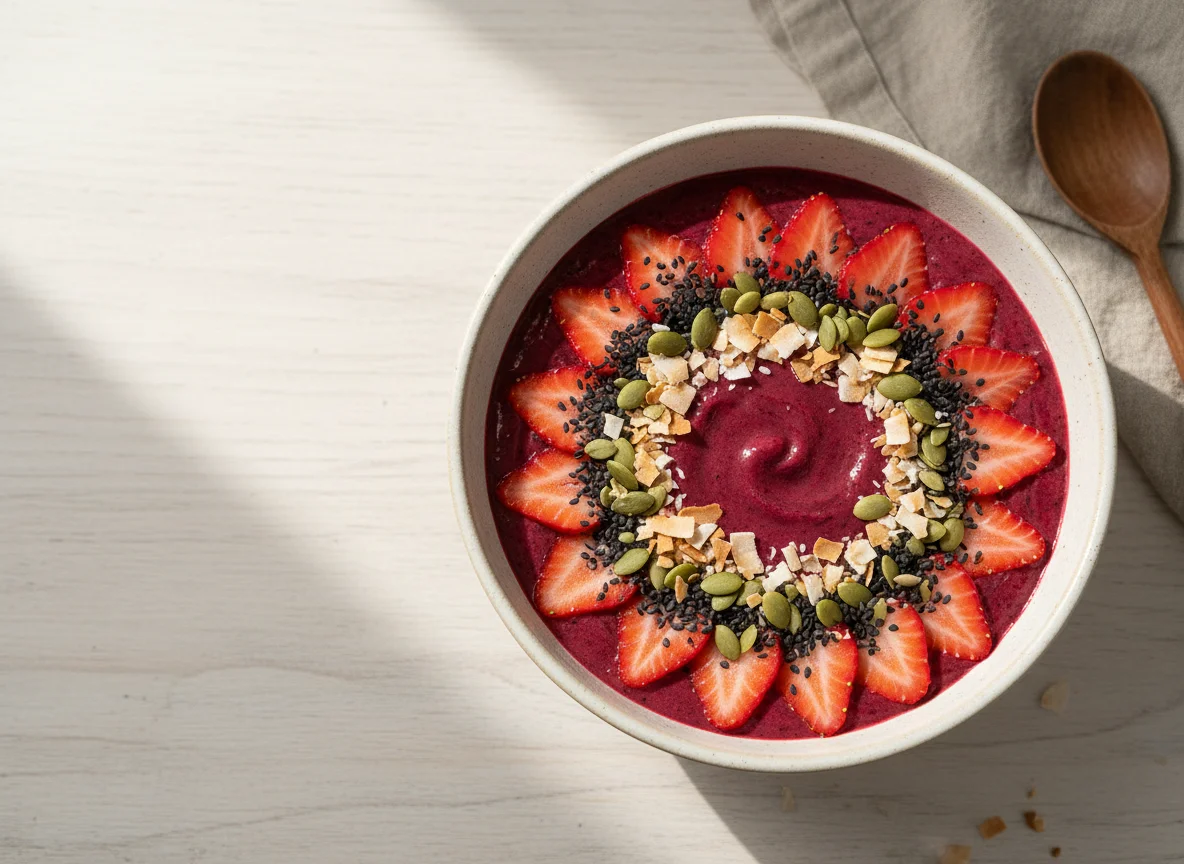 Tigela de smoothie com frutas e sementes photo