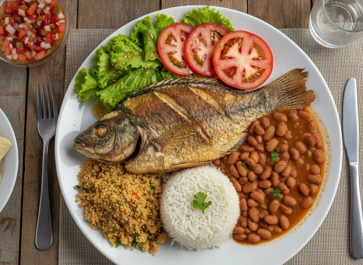 Tilápia assada com arroz, feijão, farofa e salada photo