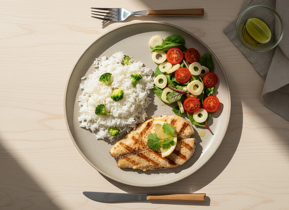 Tilápia com arroz e salada photo