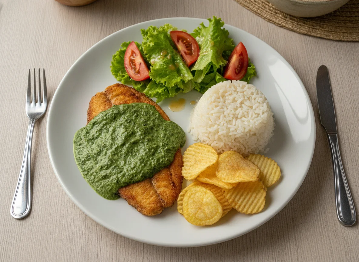 Tilápia com creme de espinafre, arroz, batata chips e salada photo