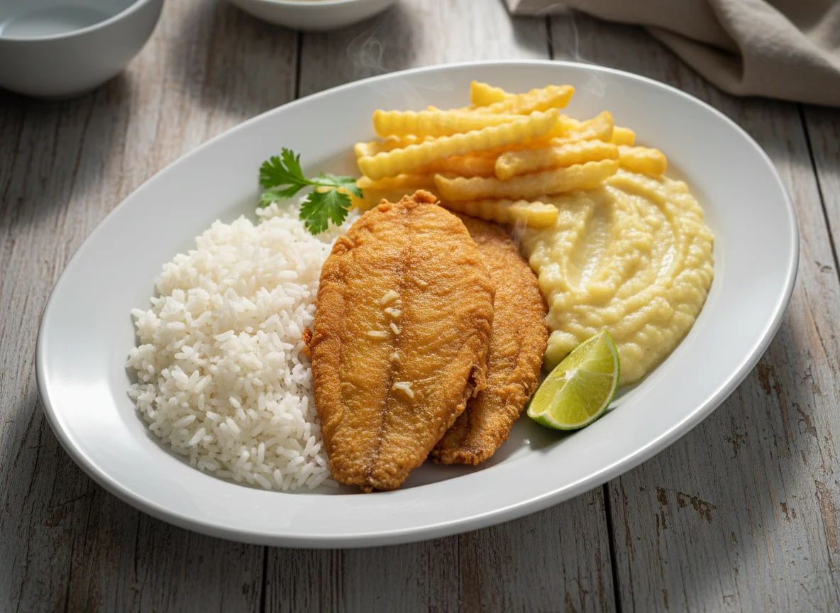 Tilápia frita com arroz, purê de mandioca e batata frita photo