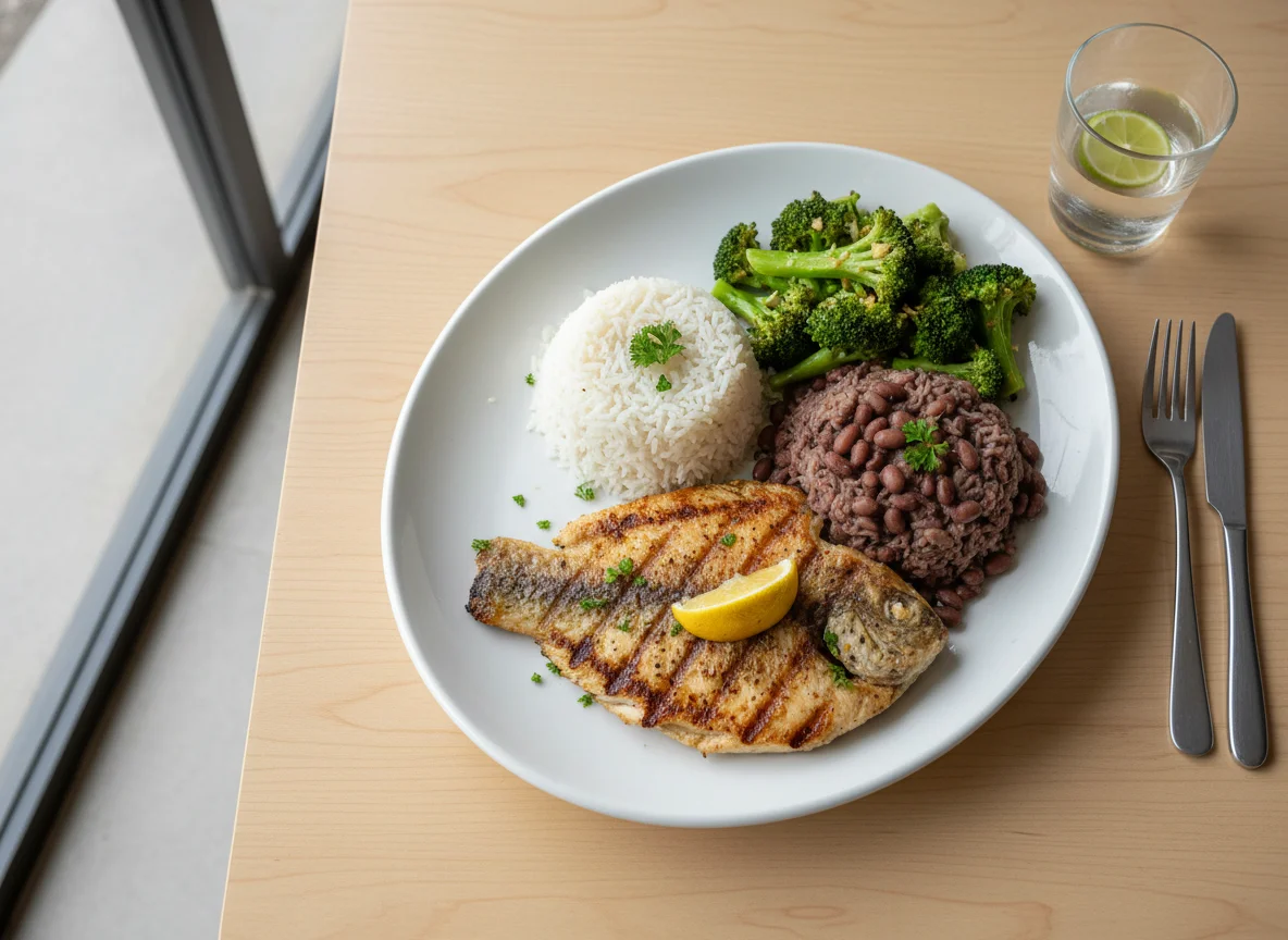 Tilápia Grelhada com Arroz, Feijão e Brócolis photo