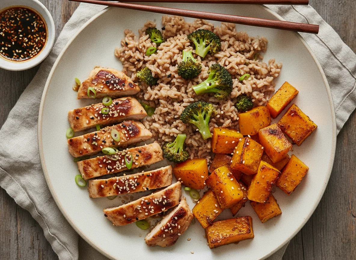 Tiras de frango oriental, arroz integral com brócolis e abóbora assada photo