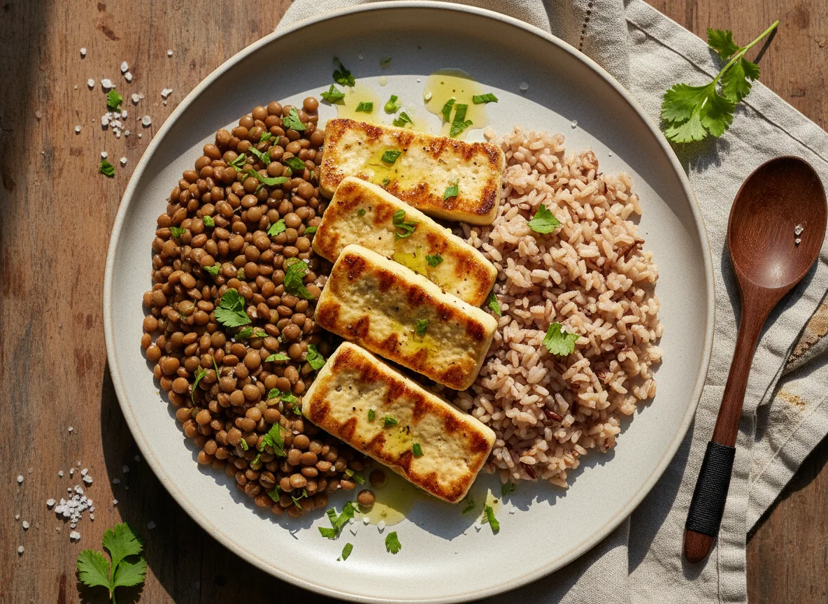Tofu grelhado com lentilhas e arroz integral photo