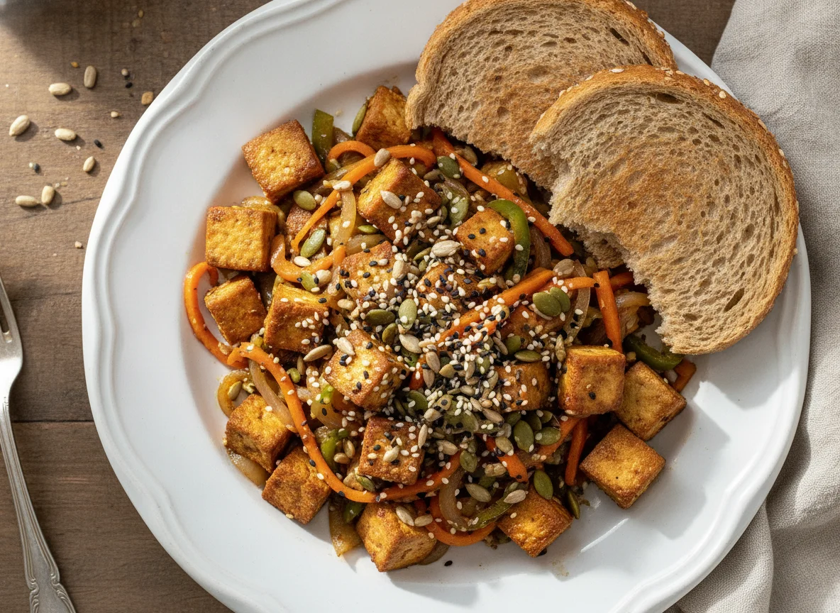 Tofu mexido com legumes, sementes e pão de forma photo