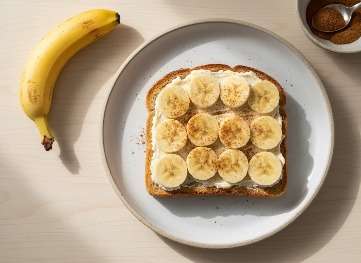 Torrada com banana, creme e canela photo