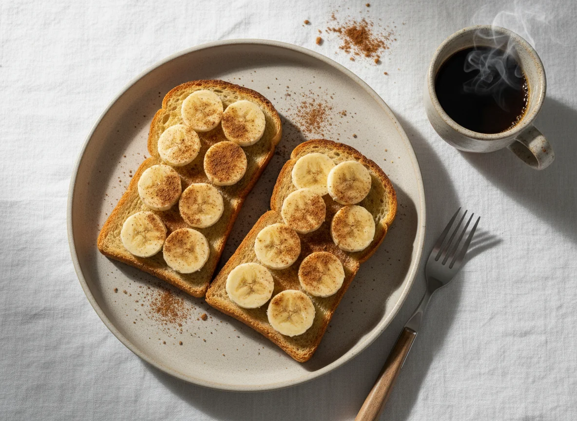 Torrada com banana e canela e café photo