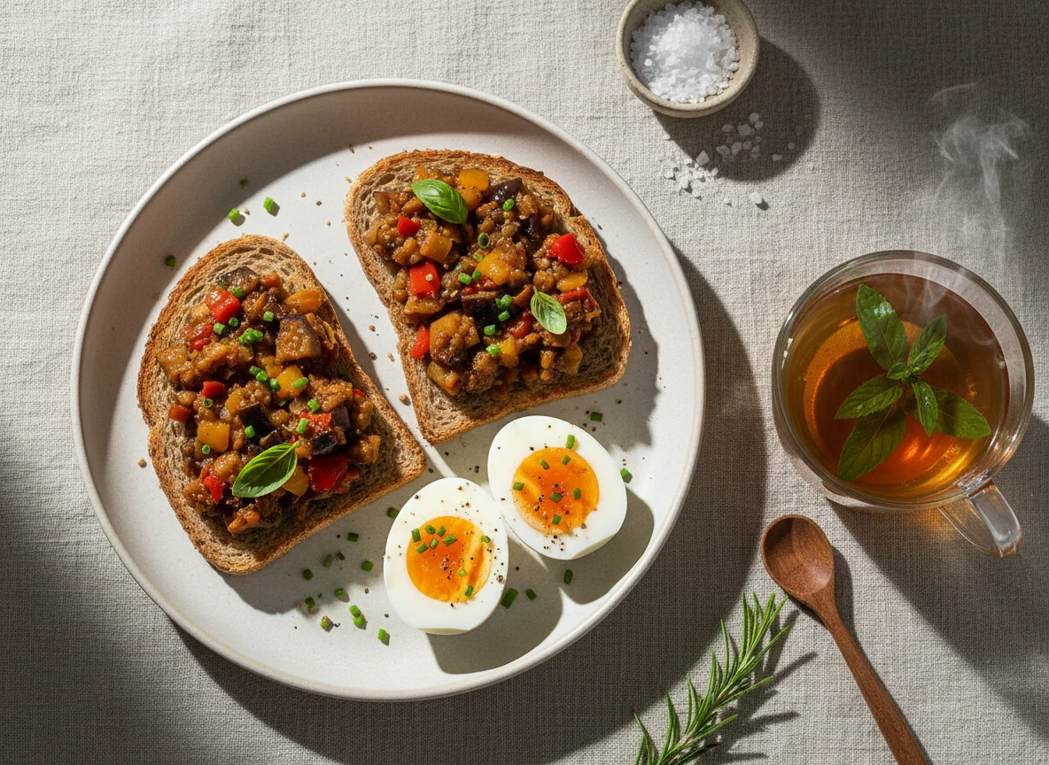 Torrada com caponata, ovos cozidos e chá photo