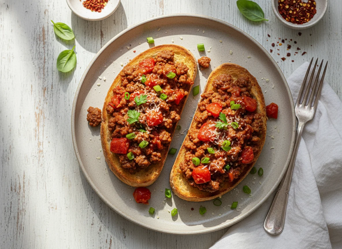Torrada com carne moída e molho de tomate photo