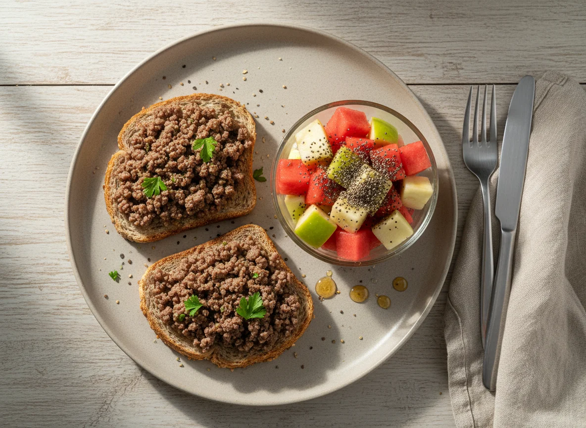 Torrada com carne moída e salada de frutas com chia photo