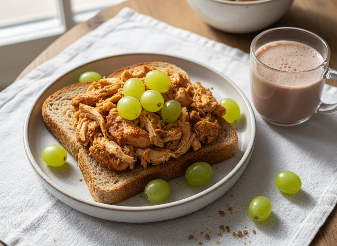 Torrada com frango desfiado, uvas e achocolatado photo