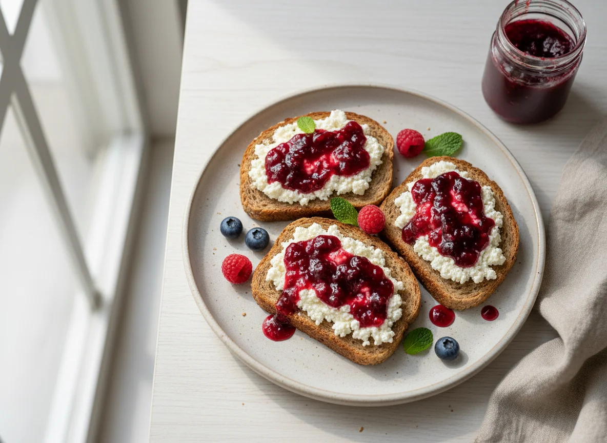 Torrada com geleia e queijo cottage photo