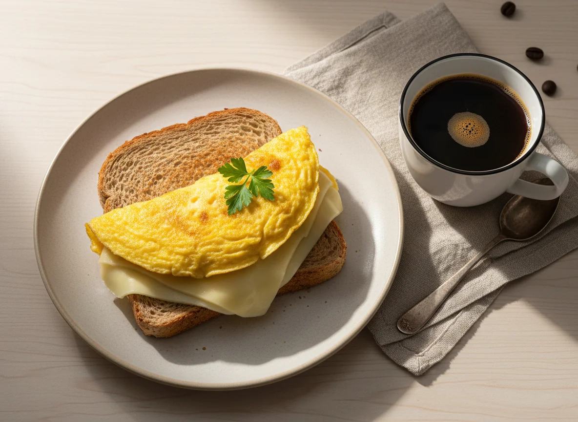Torrada com omelete e queijo, acompanhada de café photo
