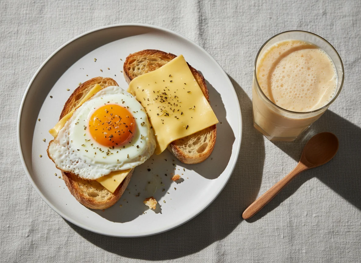 Torrada com ovo e queijo e vitamina de frutas photo