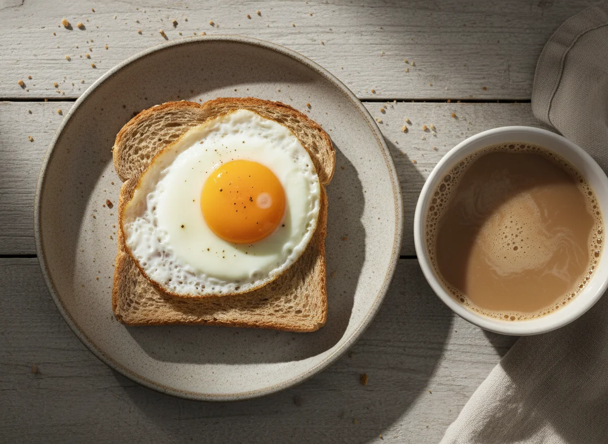 Torrada com ovo frito e café com leite photo