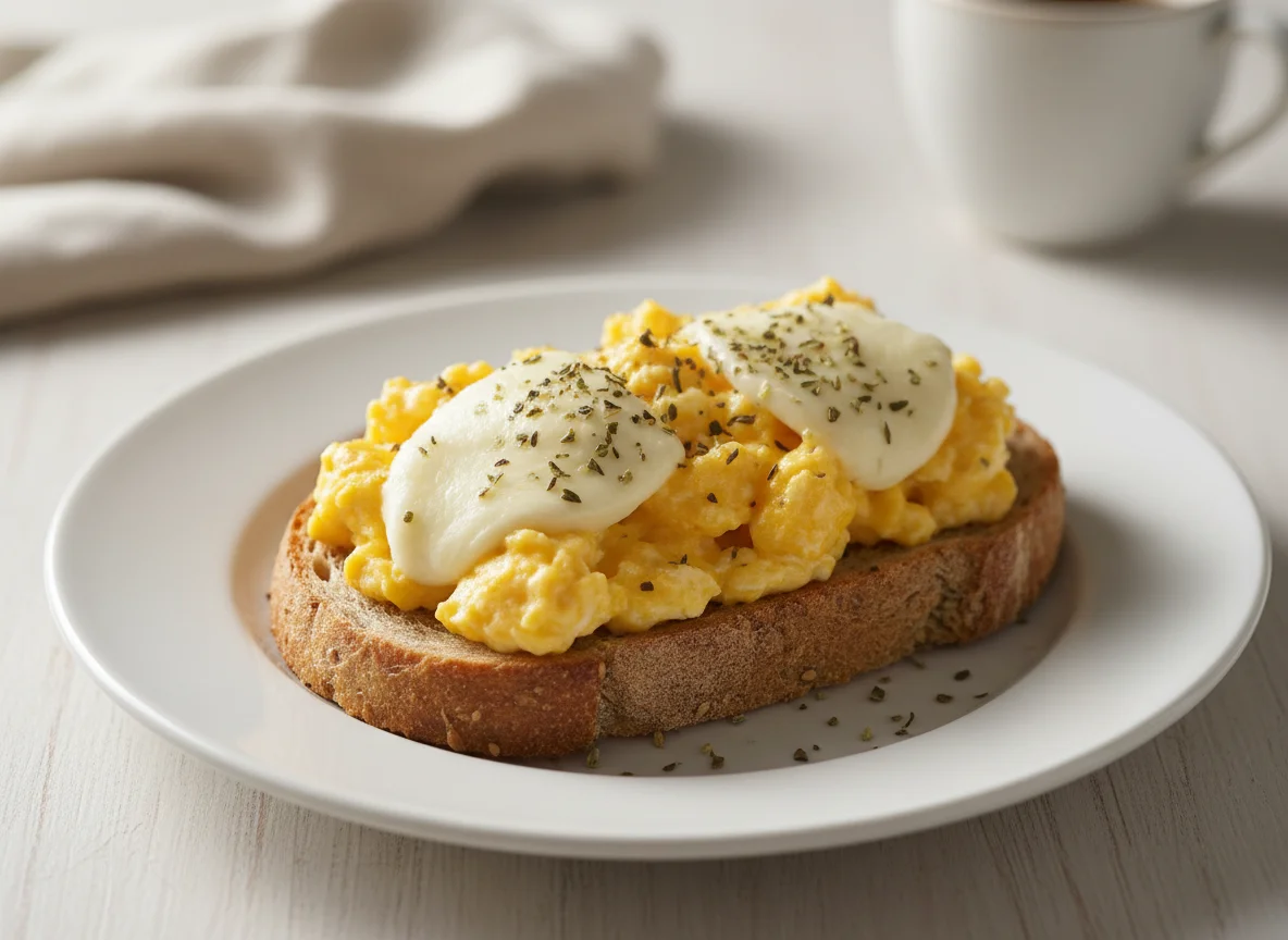 Torrada com ovo mexido e queijo photo