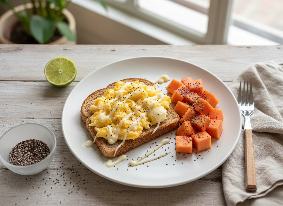 Torrada com ovo, queijo e mamão com chia photo