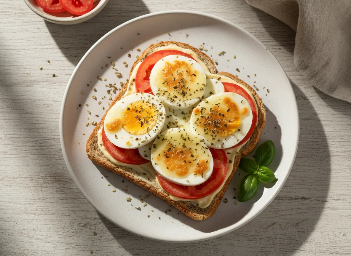 Torrada com ovo, tomate e queijo photo