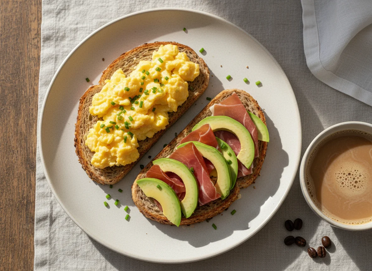 Torrada com ovos mexidos, abacate e presunto photo