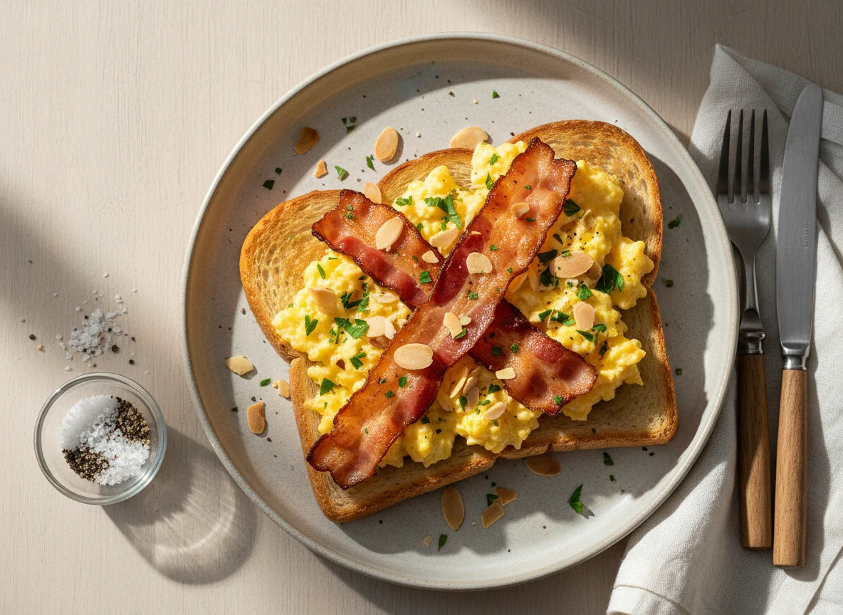 Torrada com ovos mexidos, bacon e amêndoas photo