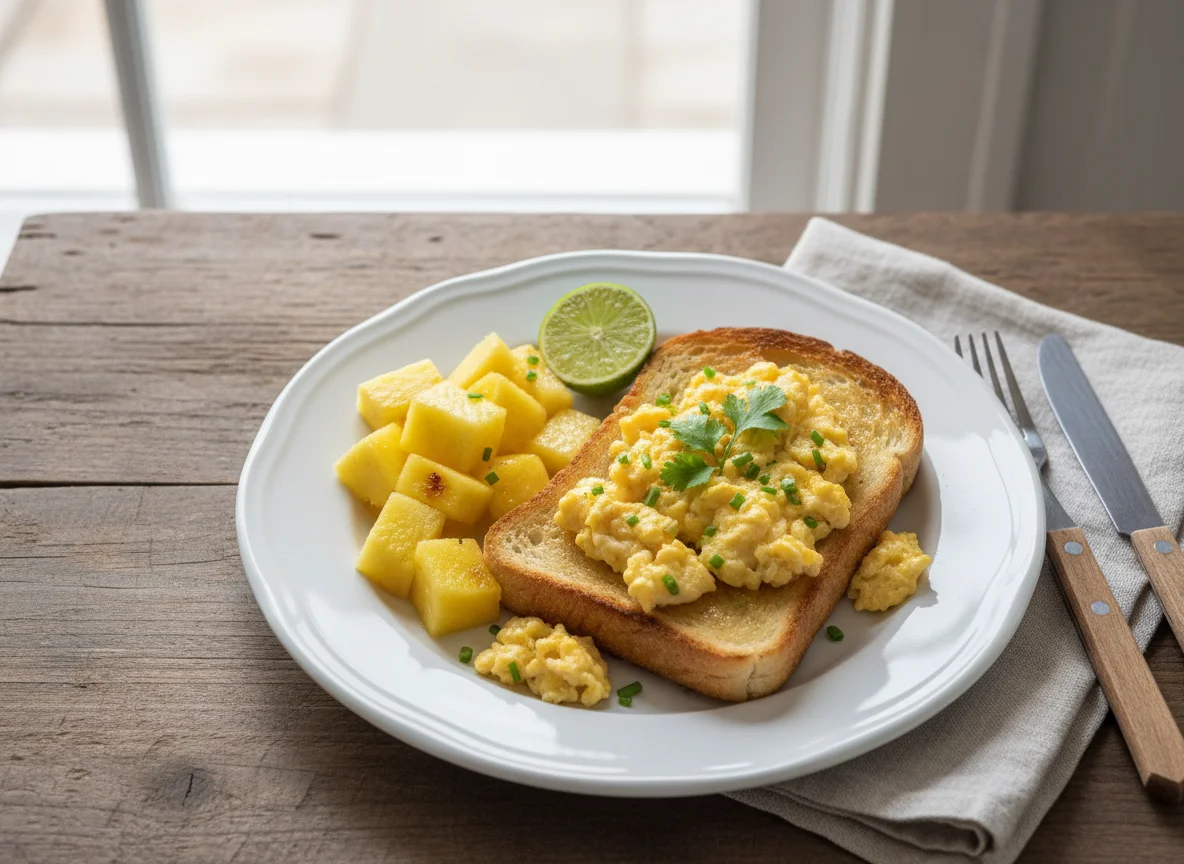 Torrada com ovos mexidos e abacaxi photo
