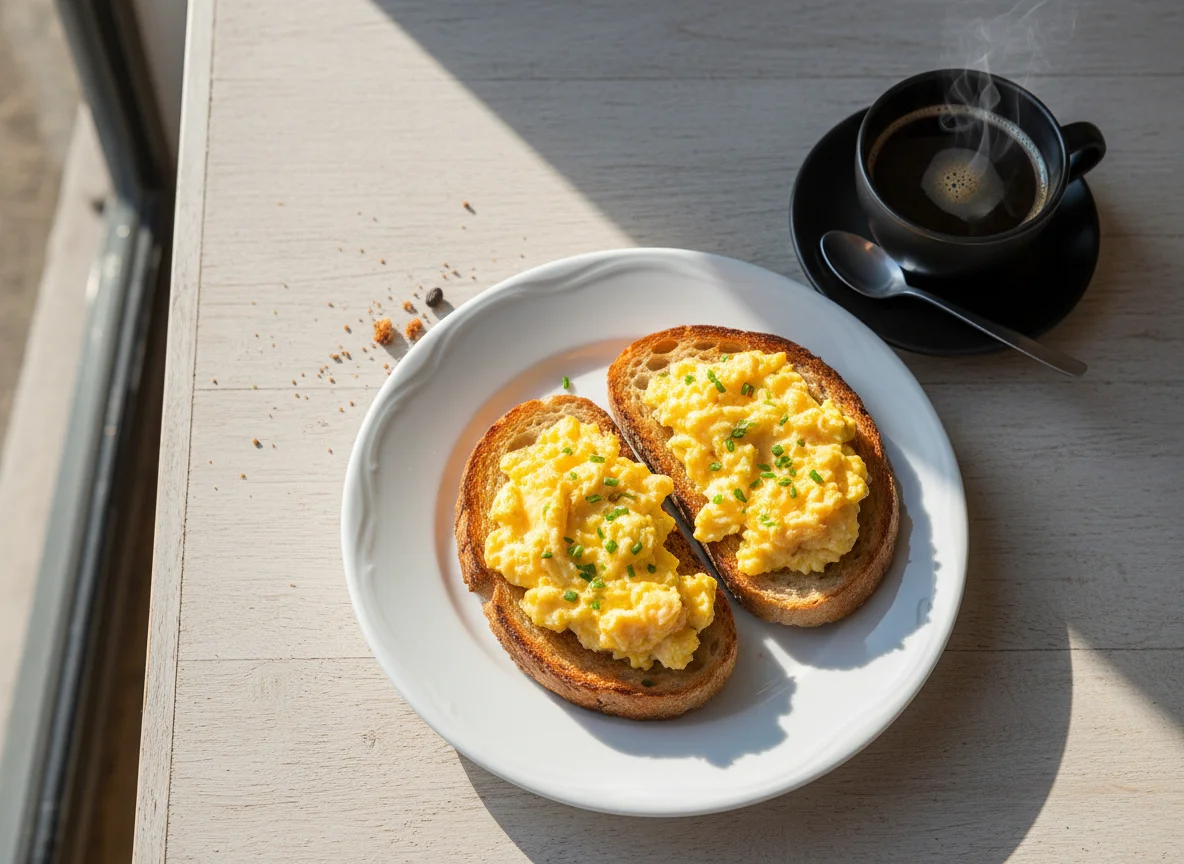 Torrada com ovos mexidos e café photo