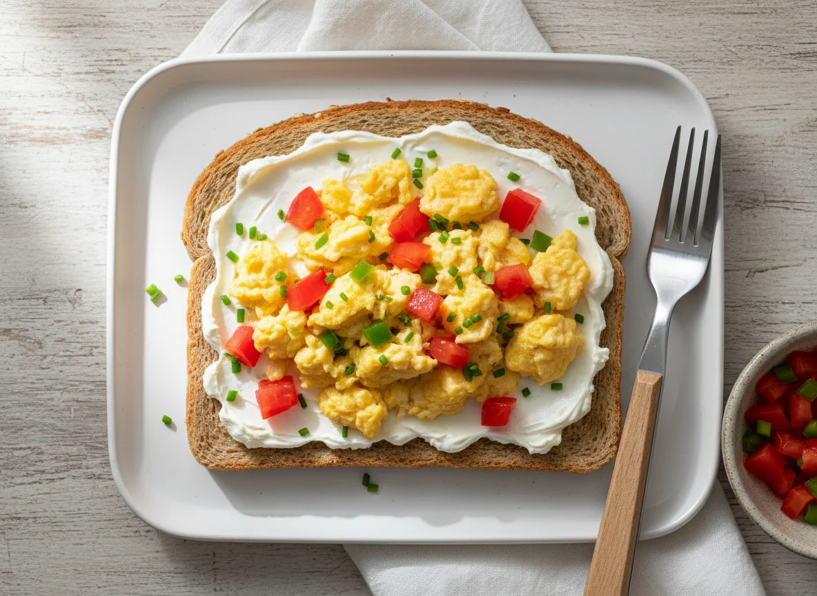 Torrada com ovos mexidos e cream cheese photo