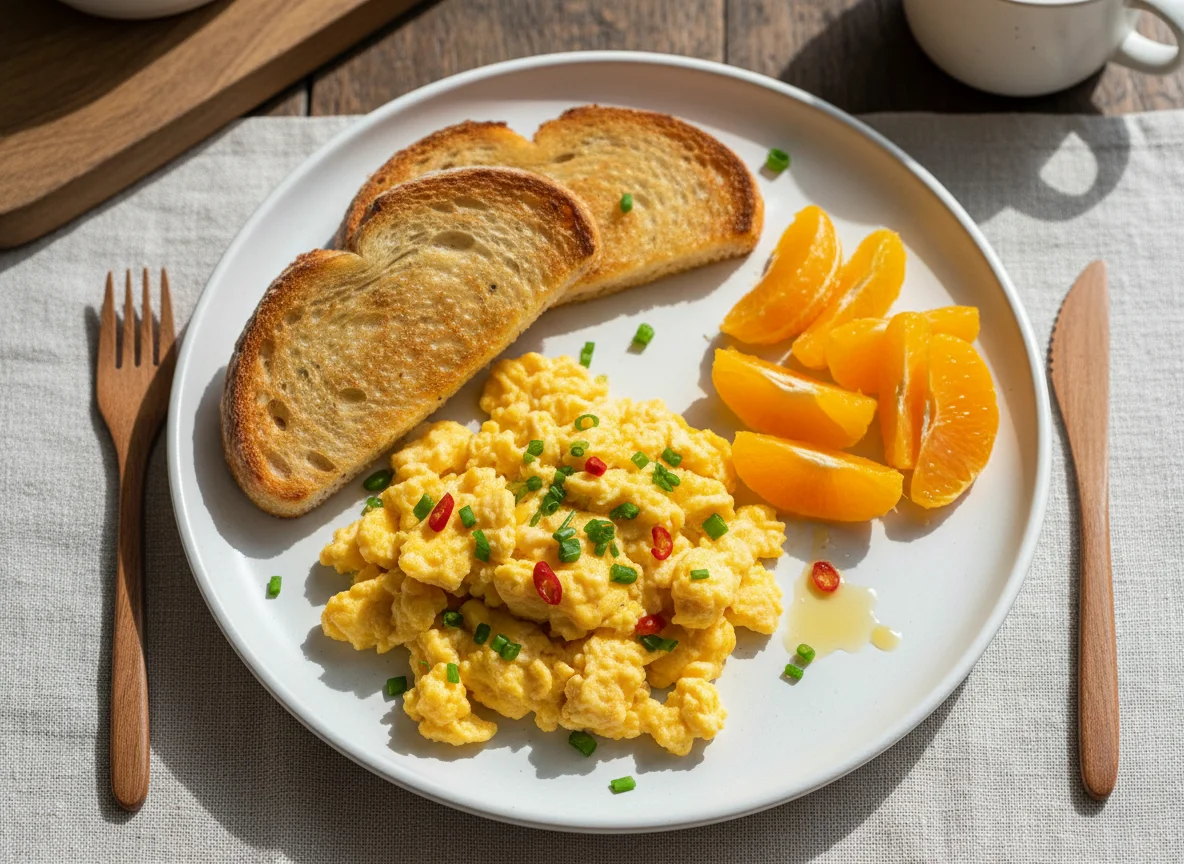 Torrada com ovos mexidos e laranja photo