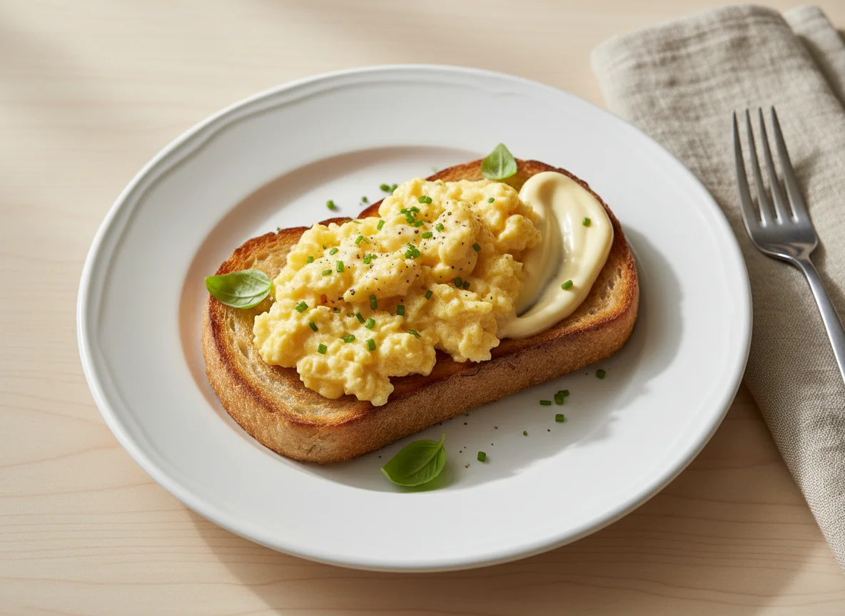 Torrada com ovos mexidos e maionese photo