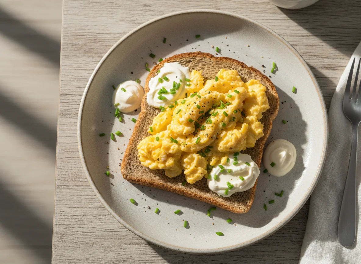 Torrada com ovos mexidos e requeijão light photo