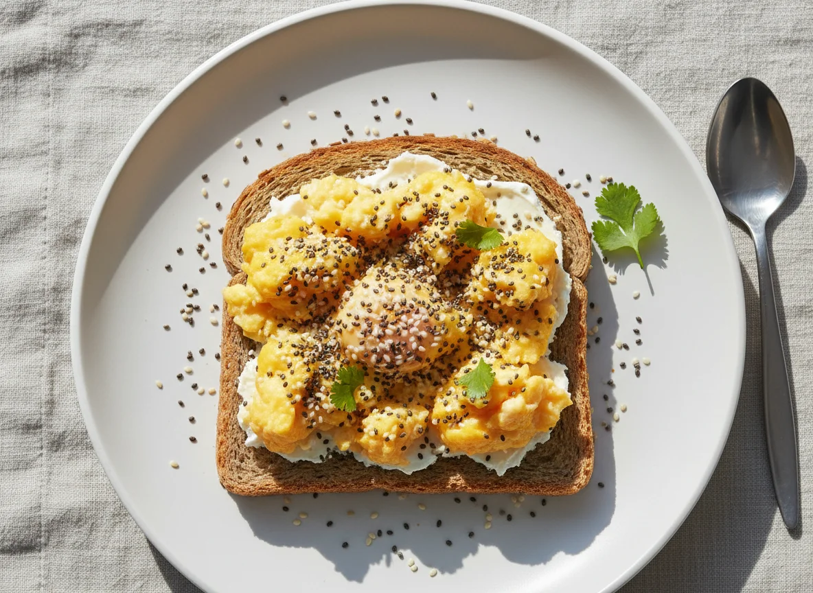 Torrada com ovos mexidos e sementes photo