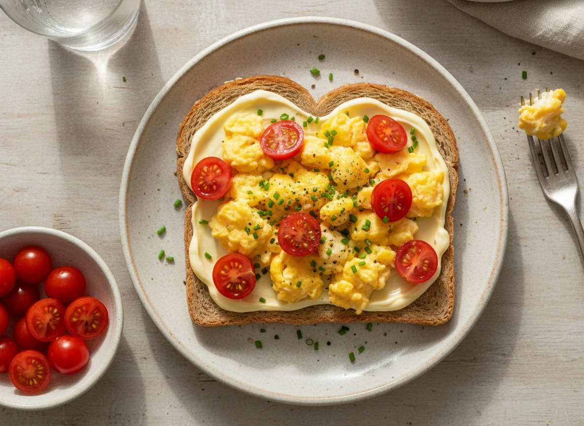 Torrada com ovos mexidos e tomate cereja photo
