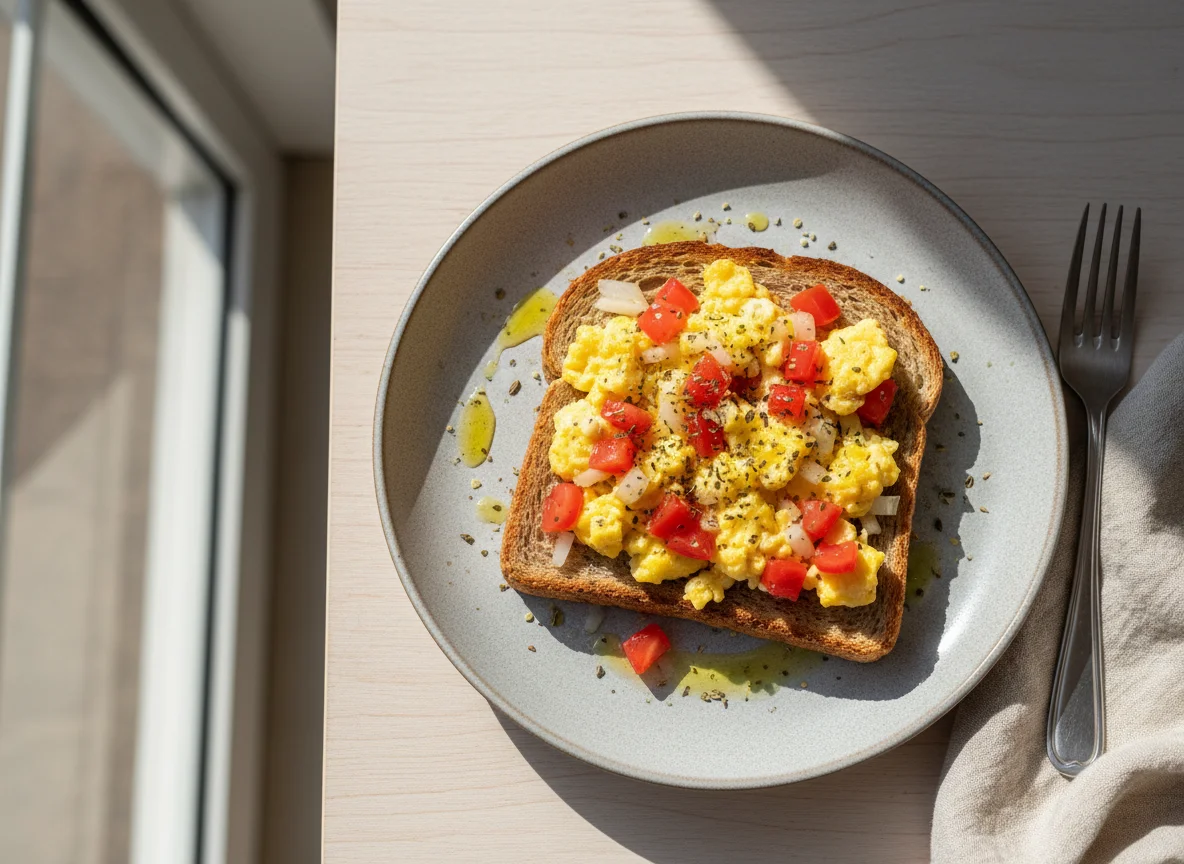 Torrada com ovos mexidos e vegetais photo