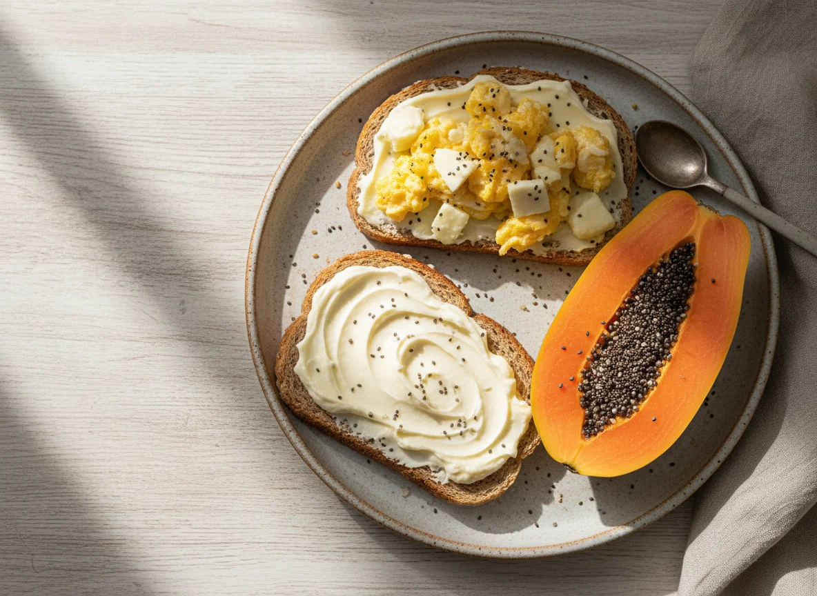 Torrada com ovos mexidos, queijo e mamão photo