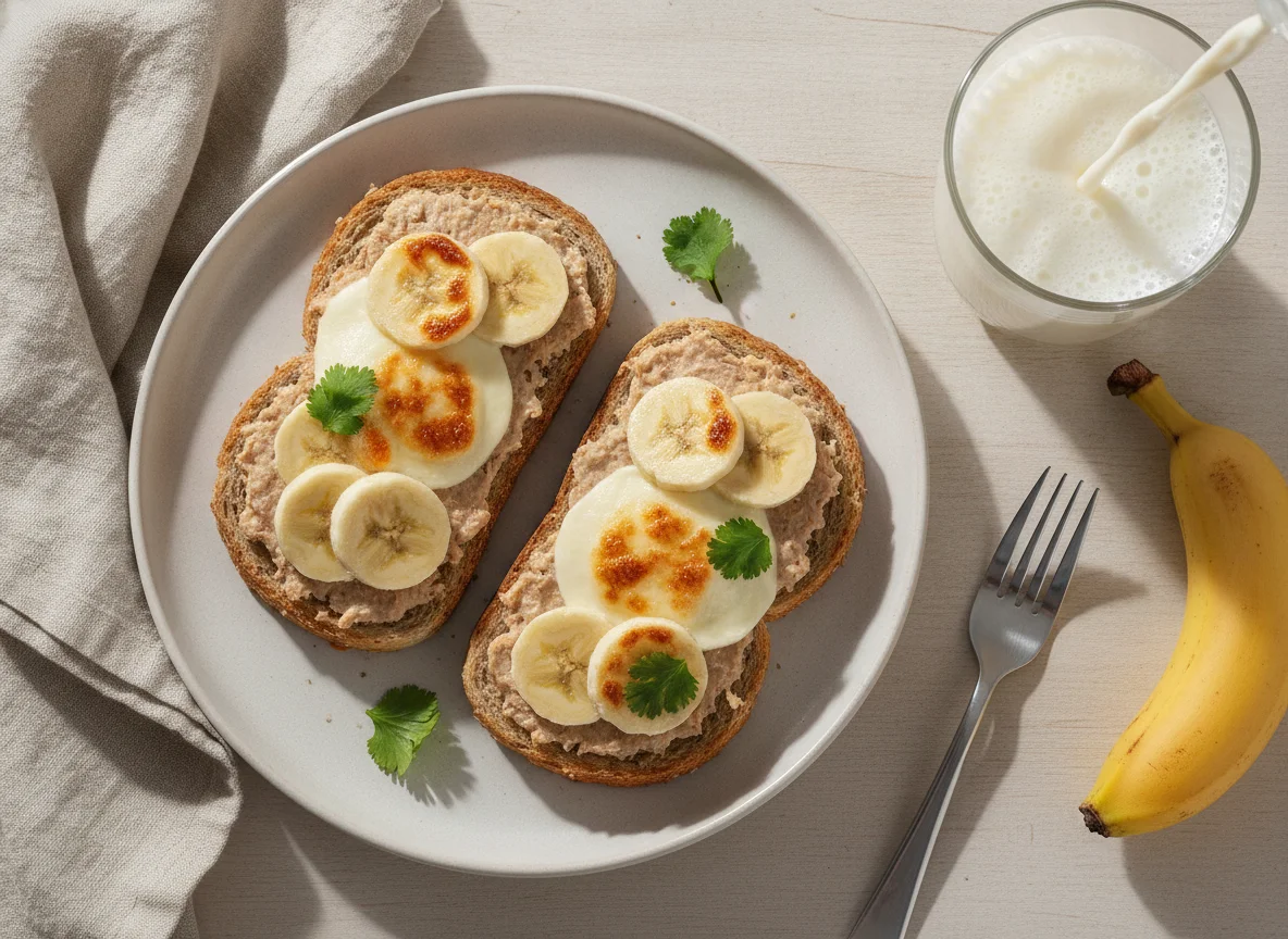 Torrada com patê de atum, banana e leite proteico photo
