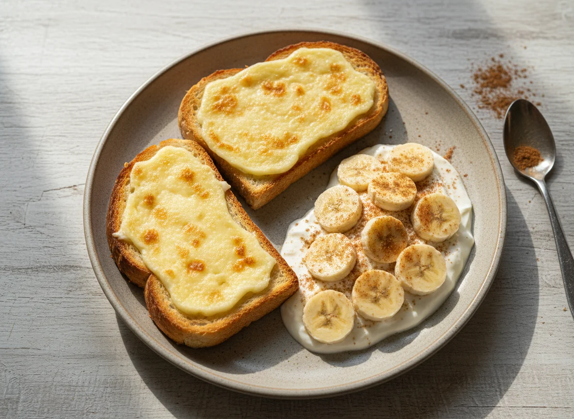 Torrada com queijo e banana com iogurte e canela photo