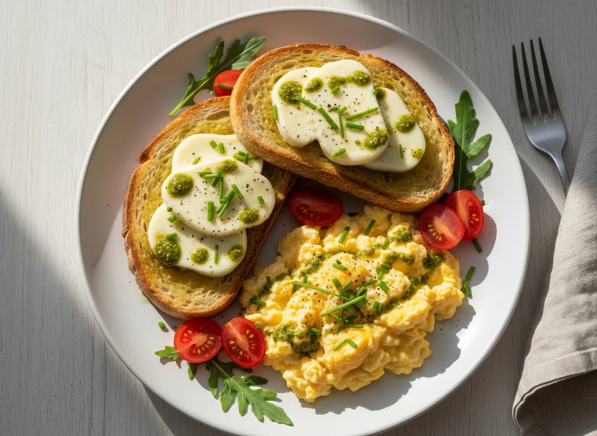 Torrada com queijo e ovos mexidos photo