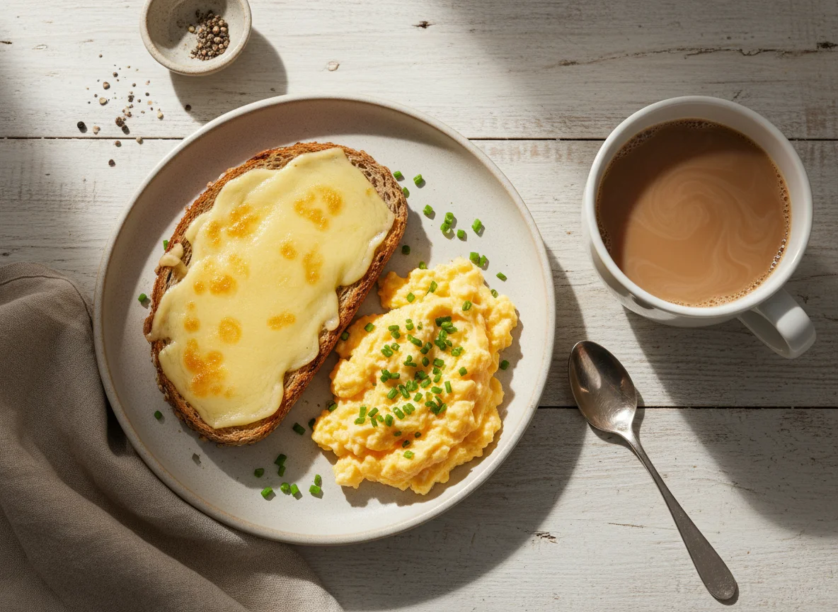 Torrada com queijo e ovos mexidos e café com leite photo