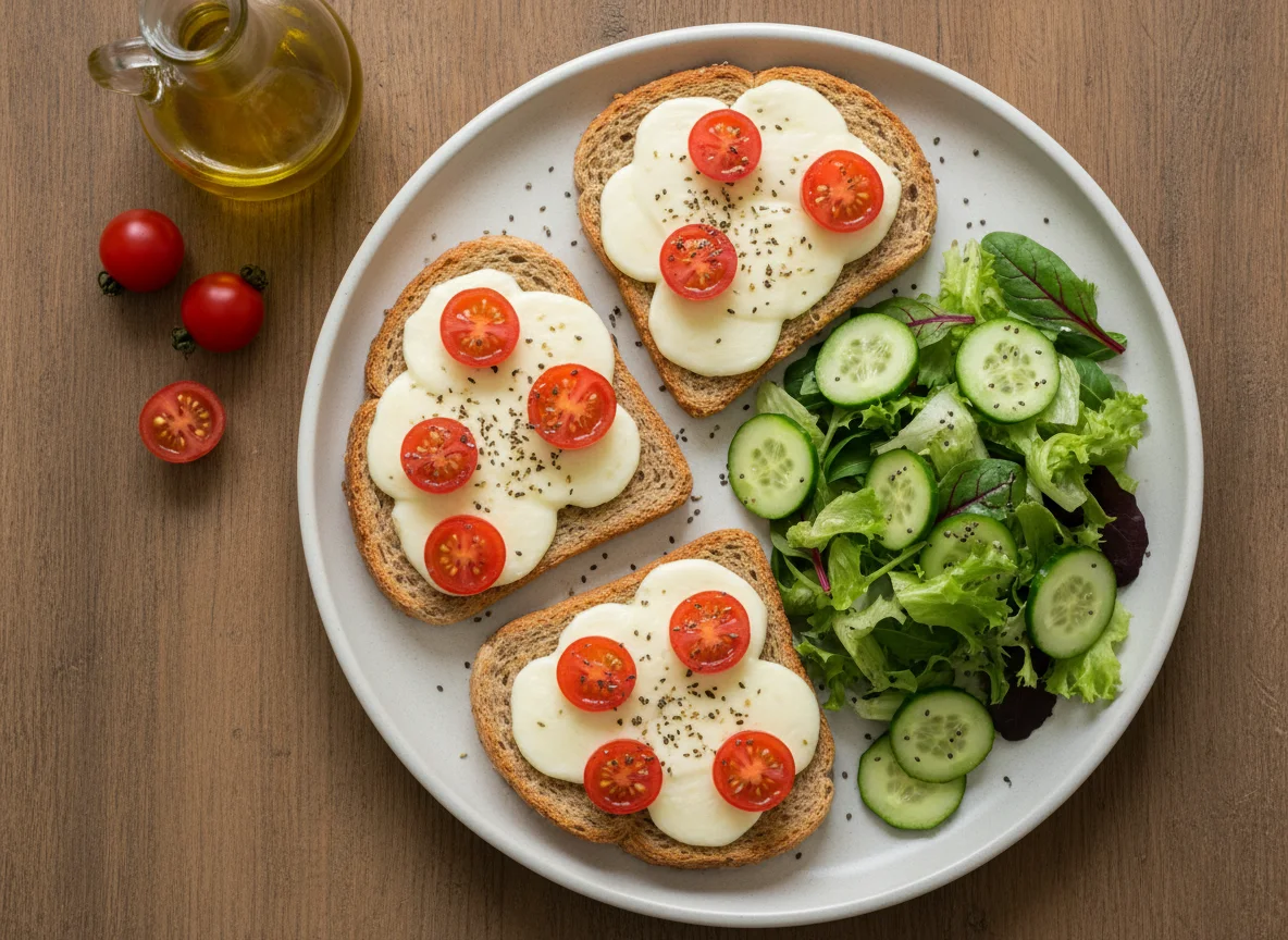 Torrada com queijo e tomate cereja com salada photo