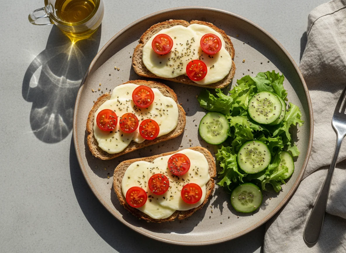 Torrada com queijo e tomate cereja, salada de alface e pepino photo
